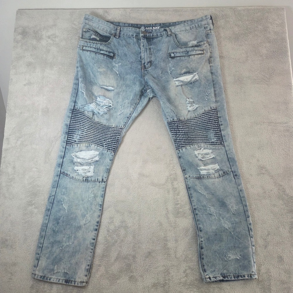 Red Ape Mens 44 Distressed Moto Jeans Light Wash Blue Ripped Streetwear Denim